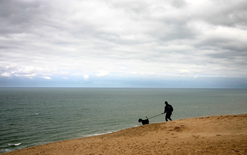 Ein Mann mit seinem Hund an der Leine in einem Strand in Dänemark