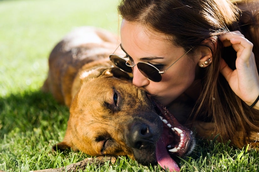 Eine junge Frau küsst ihren Hund, der auf dem Rasen liegt